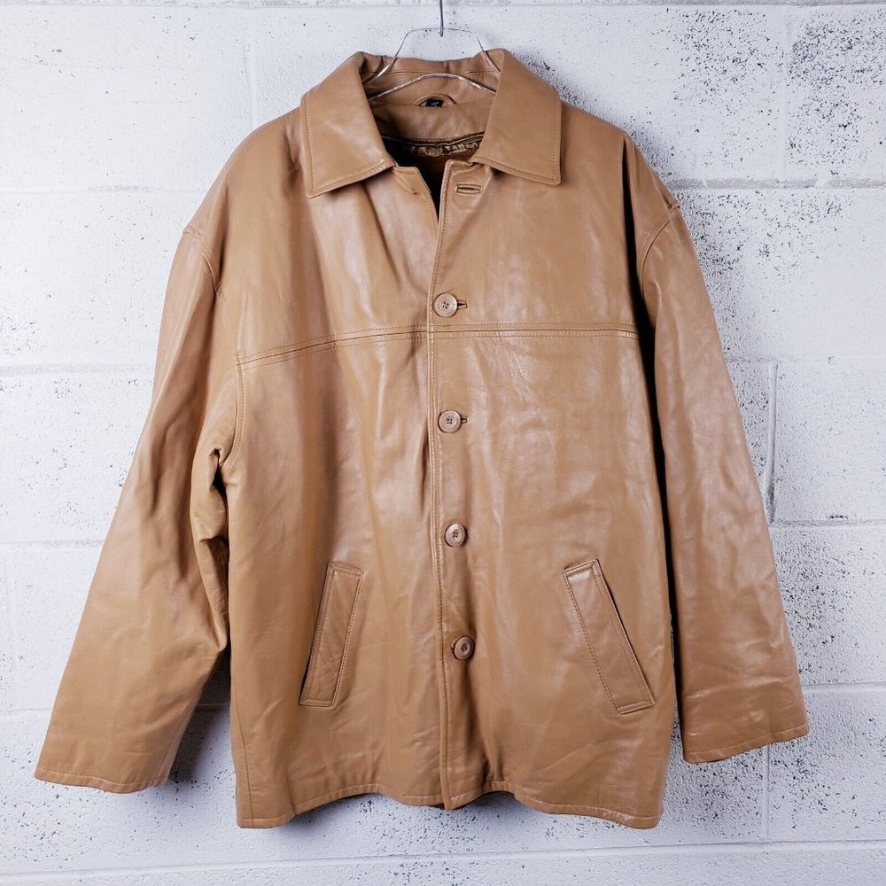 Leather‎ Limited Mens Large Tan Leather Jacket Mid-Length Sherpa Lined